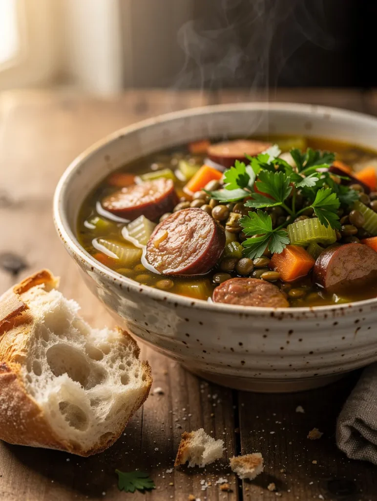 Steaming sausage and lentil soup with sliced smoked sausage, lentils, carrots, celery, and fresh parsley served with crusty bread on a rustic wooden table.