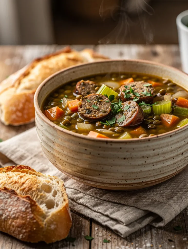 Rustic sausage and lentil soup with sliced sausage, green lentils, carrots, celery, and herbs served in a ceramic bowl with crusty artisan bread.