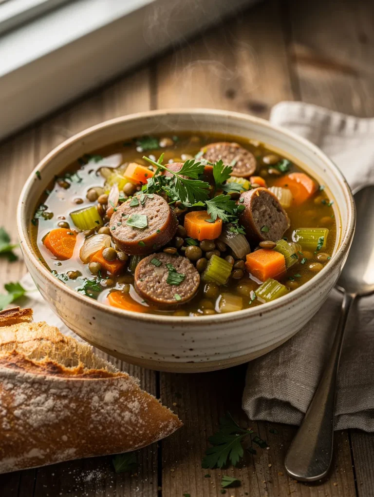 Hearty sausage and lentil soup served in a rustic bowl with sliced sausage, carrots, celery, and fresh parsley, accompanied by crusty bread on a wooden table.