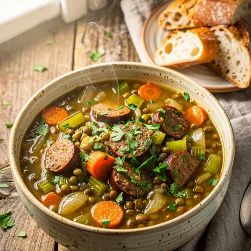 Steaming sausage and lentil soup with sliced smoked sausage, green lentils, carrots, celery, onions, and fresh parsley served with crusty artisan bread.