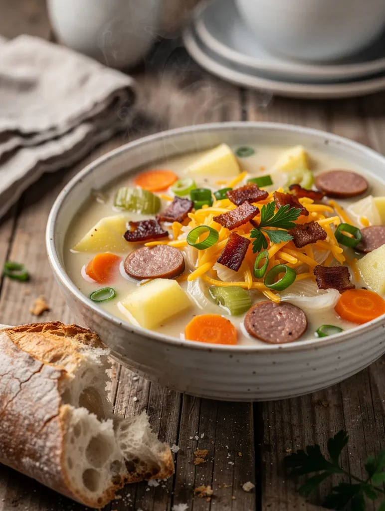 Homemade sausage potato soup with smoked sausage, potatoes, carrots, celery, onions, shredded cheddar cheese, crispy bacon, and green onions, served with crusty artisan bread.