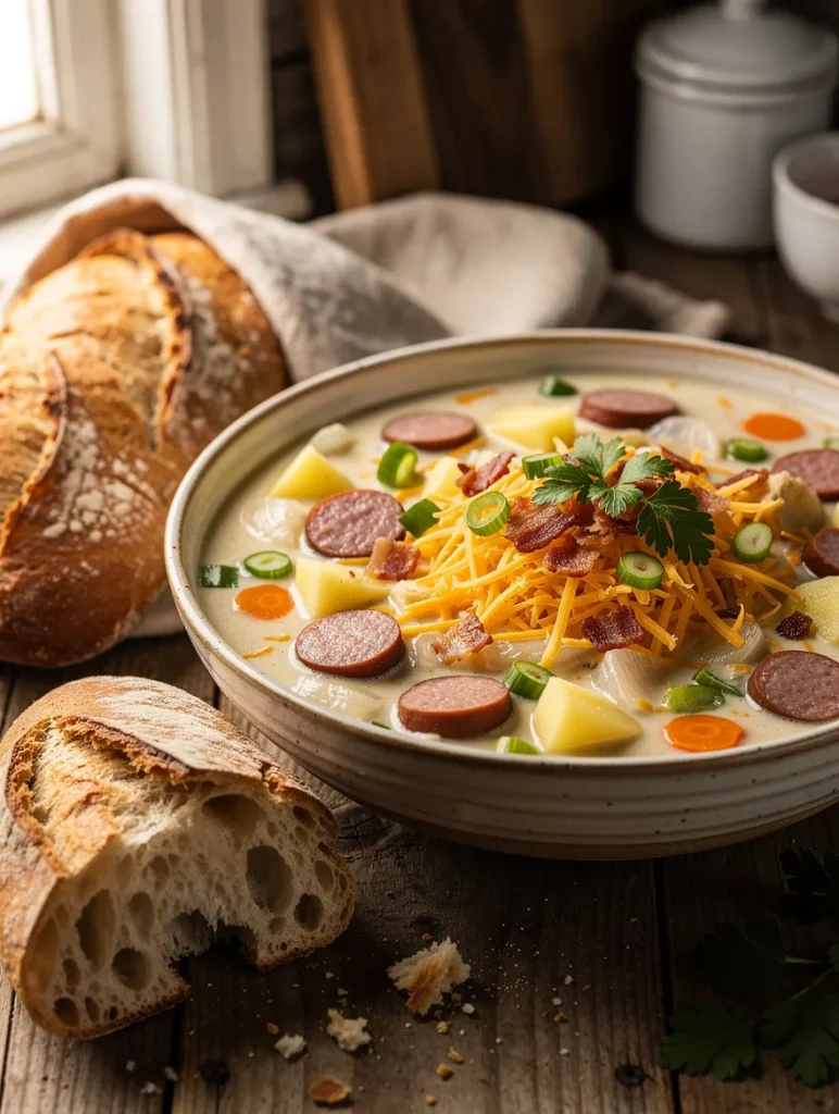 Creamy sausage potato soup with smoked sausage, potatoes, carrots, onions, cheddar cheese, crispy bacon, and green onions, served with crusty artisan bread.