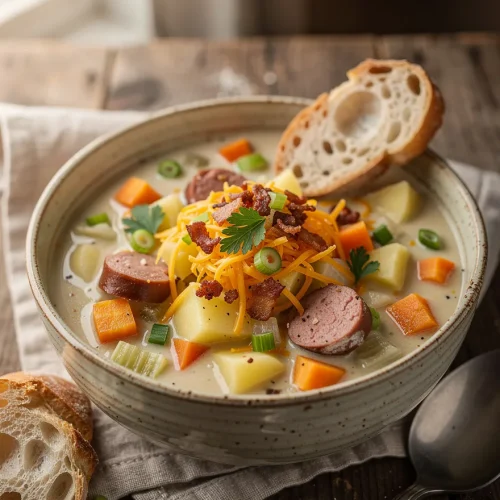 Hearty sausage potato soup with smoked sausage, potatoes, carrots, celery, cheddar cheese, crispy bacon, parsley, and green onions, served with crusty artisan bread.