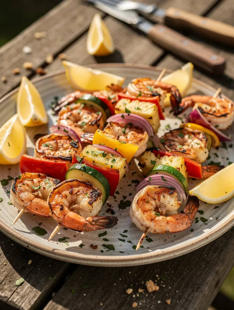 Colorful grilled shrimp kabobs with pineapple, zucchini, bell peppers, and red onion served on a plate with fresh lemon wedges and parsley.
