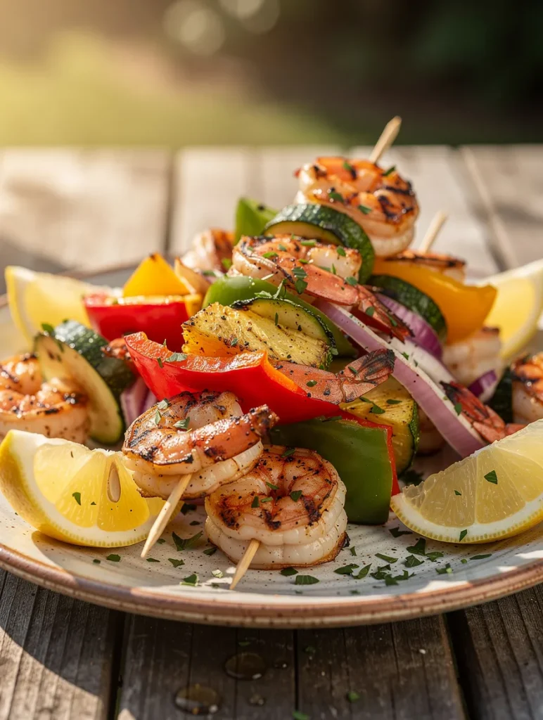 Close-up of grilled shrimp kabobs with pineapple, zucchini, colorful bell peppers, and red onion served with fresh lemon wedges on a rustic plate.