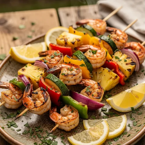 Grilled shrimp kabobs with pineapple, zucchini, bell peppers, red onion, and lemon wedges arranged on a rustic serving plate.