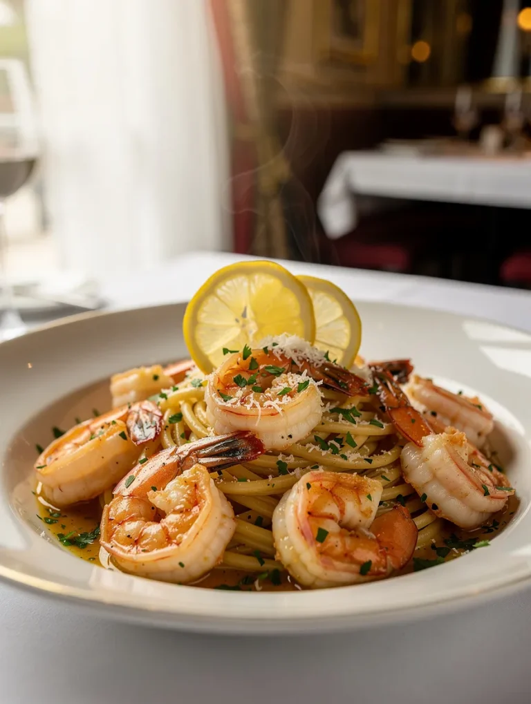 Classic shrimp scampi served over spaghetti with garlic butter sauce, Parmesan cheese, fresh parsley, and lemon slices in a white bowl.