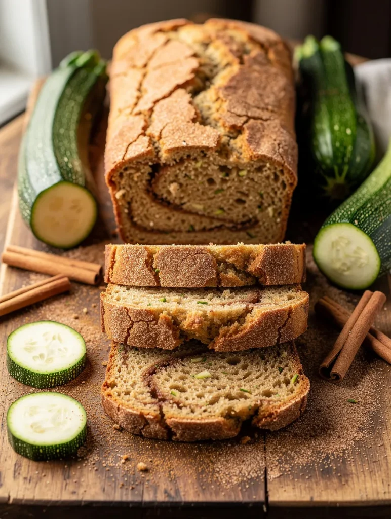 Freshly baked snickerdoodle zucchini bread with a cinnamon sugar swirl, sliced on a rustic wooden board and surrounded by fresh zucchini and cinnamon sticks.