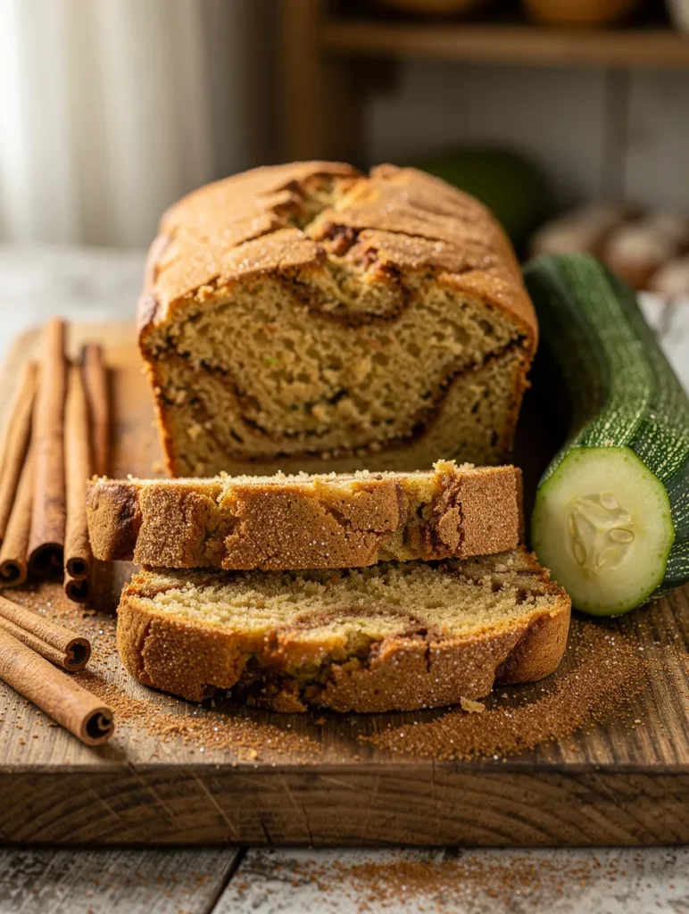 Moist snickerdoodle zucchini bread with a cinnamon sugar swirl, sliced on a rustic wooden board with fresh zucchini and cinnamon sticks.