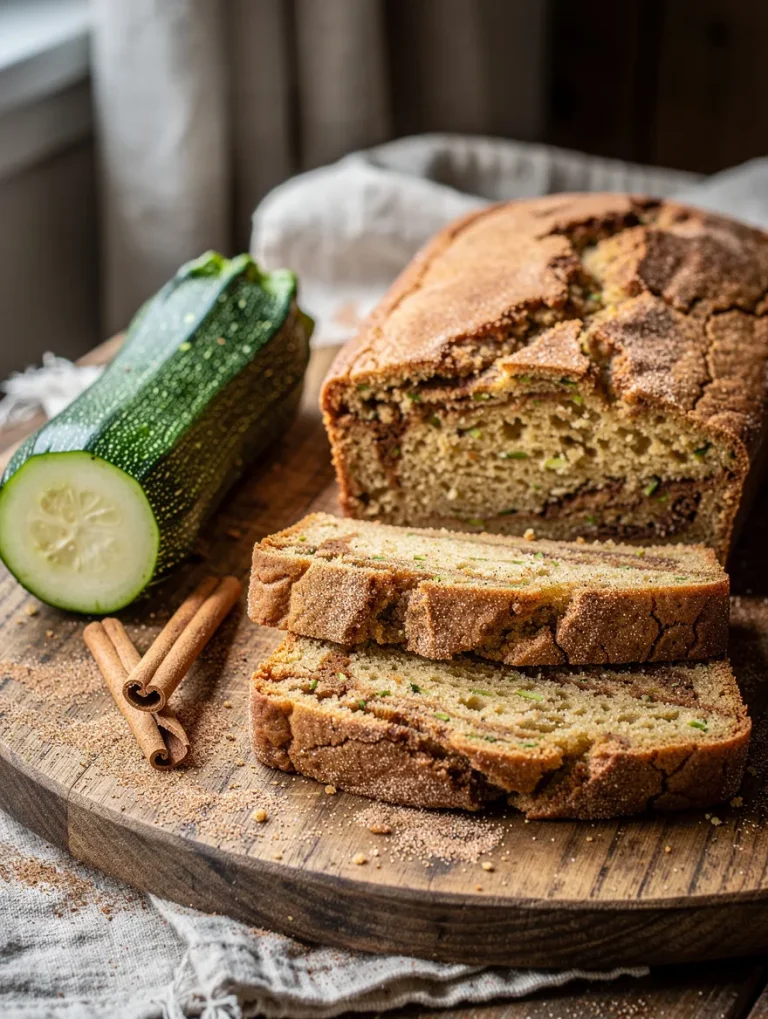 Homemade snickerdoodle zucchini bread with cinnamon sugar swirl, sliced on a wooden board alongside fresh zucchini and cinnamon sticks.