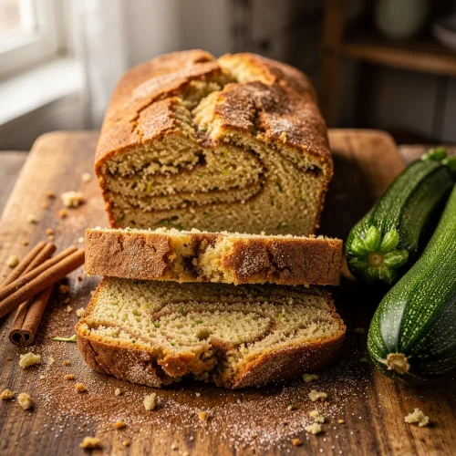 Homemade snickerdoodle zucchini bread with a cinnamon sugar swirl, sliced on a wooden cutting board with fresh zucchini and cinnamon sticks.