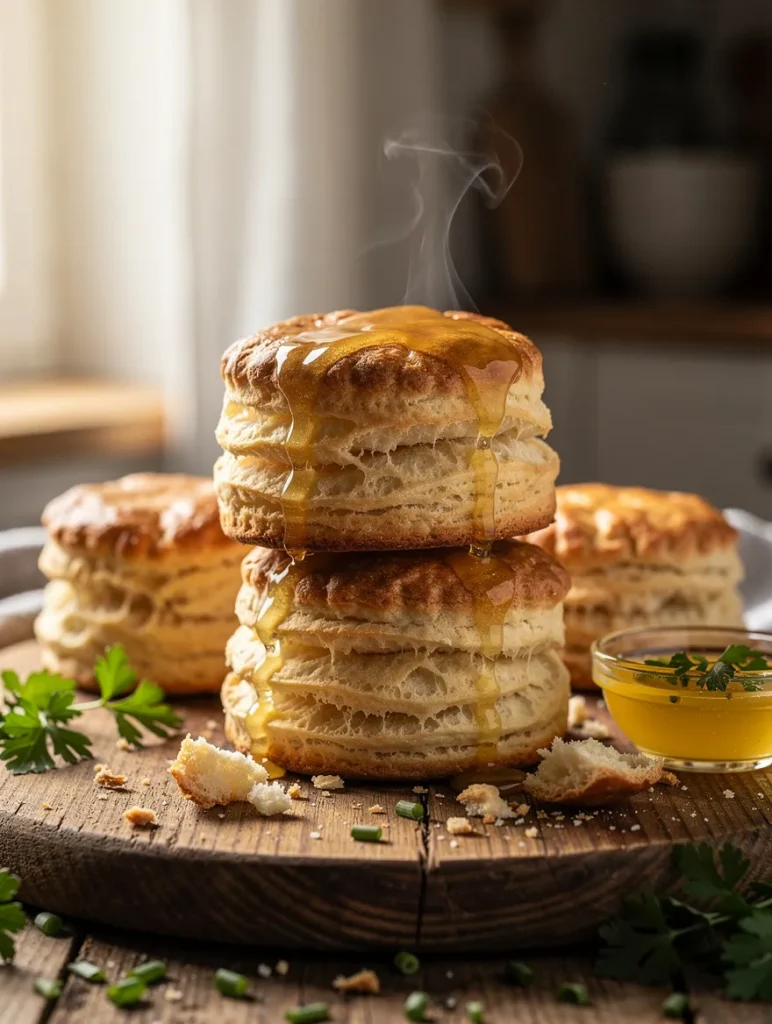 Freshly baked sourdough biscuits stacked on a wooden board, drizzled with honey and showing flaky, buttery layers with a light, airy texture.