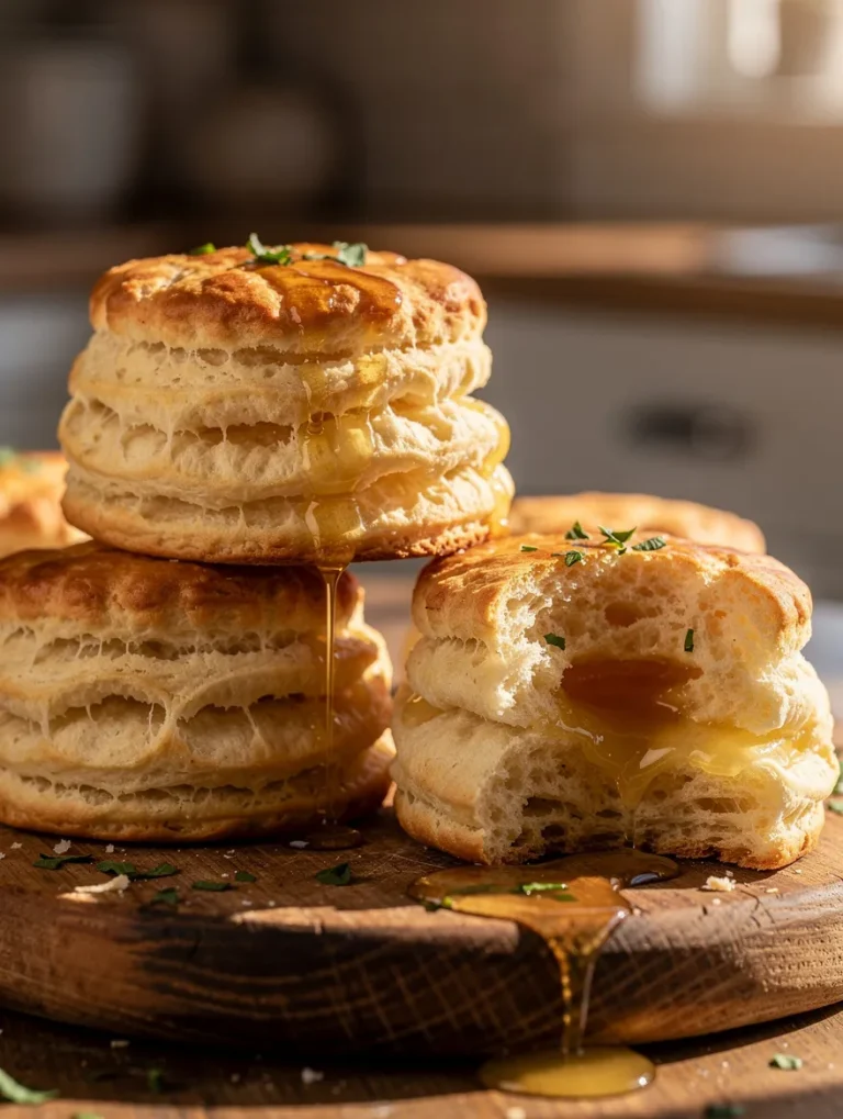Stack of flaky sourdough biscuits drizzled with honey, featuring golden layers and a soft, buttery interior on a rustic wooden board.