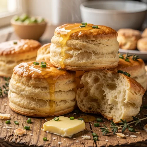 Fluffy sourdough biscuits with golden tops, drizzled with honey and served with butter on a rustic wooden board, showcasing their soft, airy crumb.