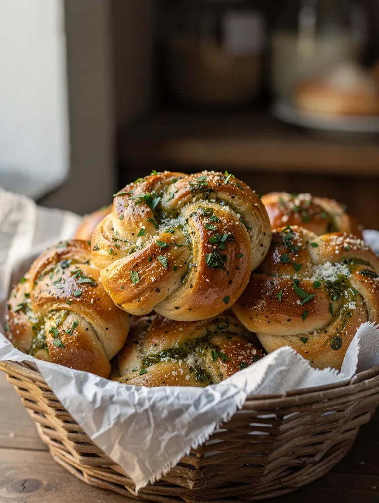 Basket of sourdough discard garlic knots brushed with garlic butter and topped with parsley and grated Parmesan cheese, served warm in a rustic wicker basket.