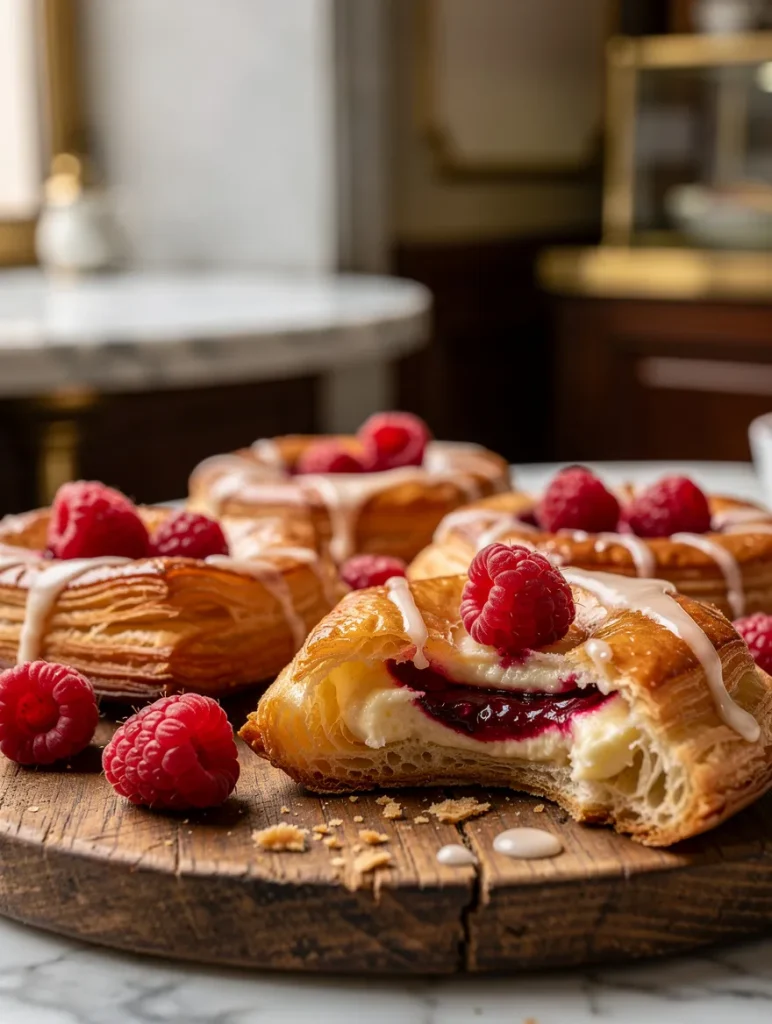Cut-open sourdough discard raspberry cream cheese Danish with flaky golden pastry, creamy cheesecake filling, raspberry jam, fresh raspberries, and vanilla glaze on a rustic wooden board.