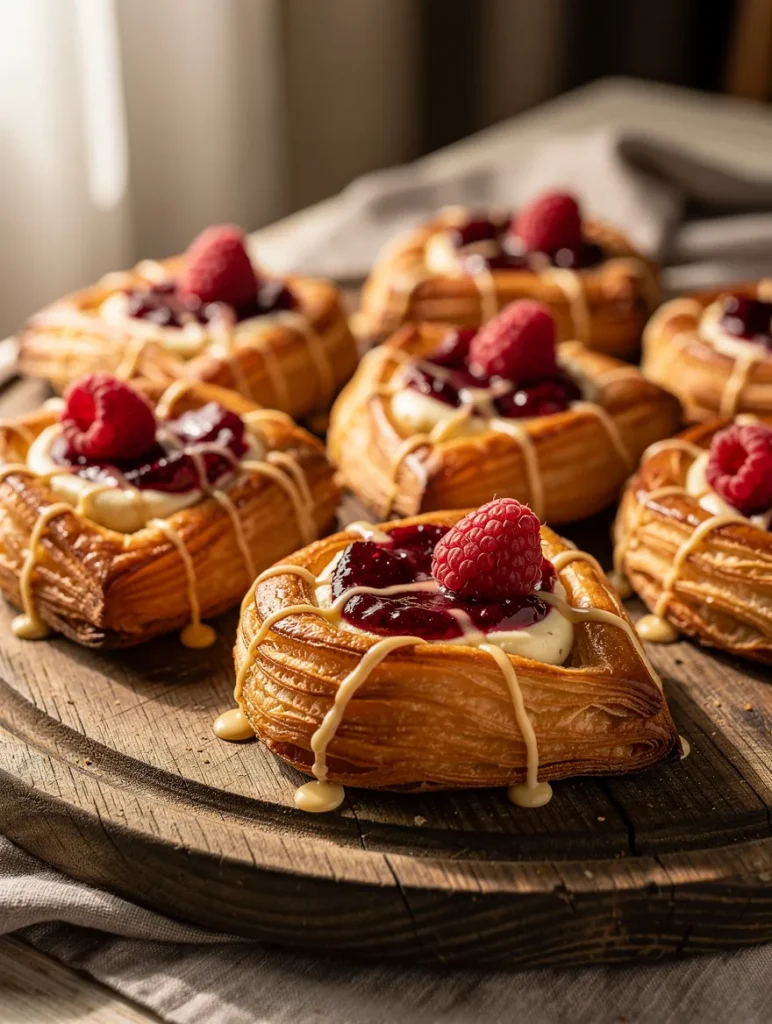 Fresh sourdough discard raspberry cream cheese danishes with flaky golden pastry, creamy cheesecake filling, raspberry preserves, fresh raspberries, and vanilla glaze arranged on a rustic wooden serving board.