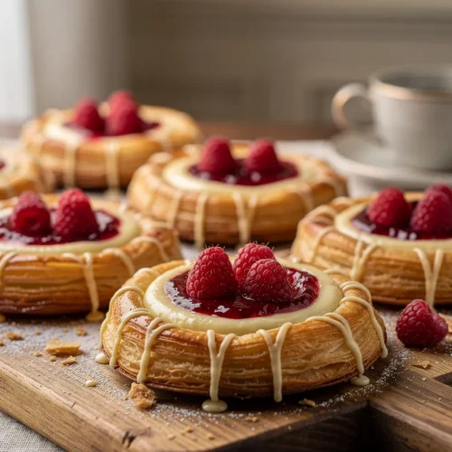 Homemade sourdough discard raspberry cream cheese danishes with flaky golden pastry, creamy vanilla cream cheese filling, raspberry preserves, fresh raspberries, and vanilla glaze on a wooden serving board.