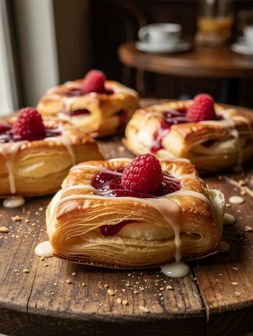 Sourdough discard raspberry cream cheese danishes topped with fresh raspberries, filled with creamy cheesecake filling and raspberry preserves, finished with a sweet vanilla glaze.