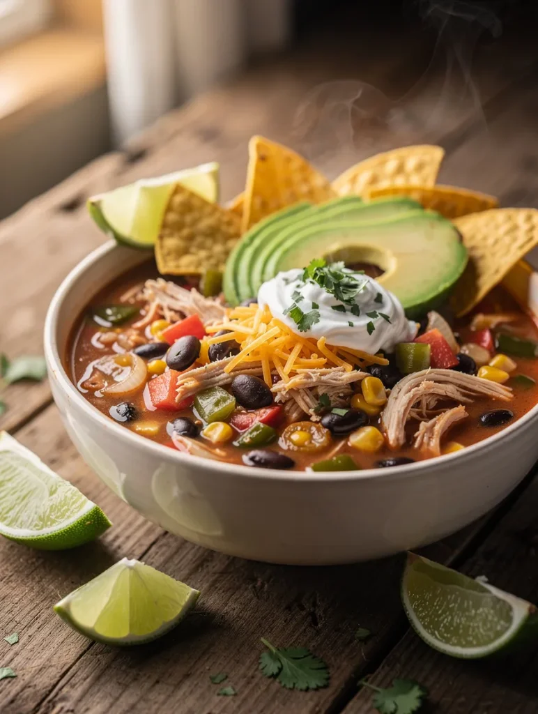 Rustic bowl of Southwest chicken soup topped with shredded chicken, black beans, corn, diced peppers, avocado slices, sour cream, cheddar cheese, tortilla chips, cilantro, and fresh lime wedges.