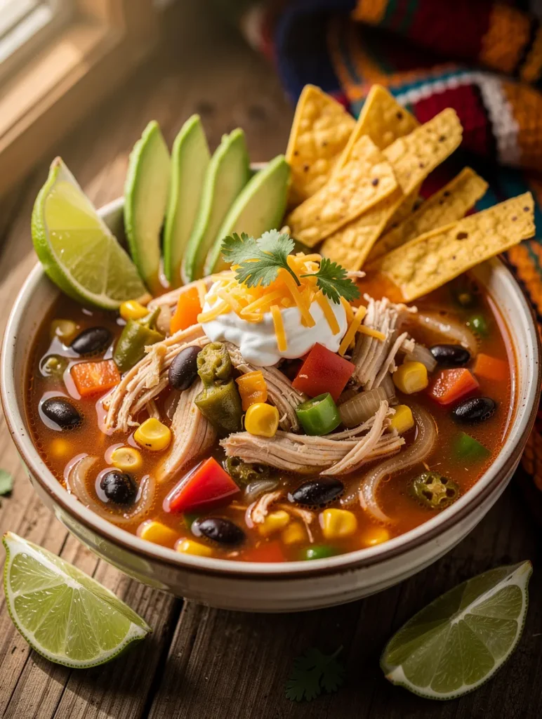 Bowl of Southwest chicken soup with shredded chicken, black beans, corn, bell peppers, onions, jalapeños, avocado slices, sour cream, cheddar cheese, tortilla strips, cilantro, and fresh lime wedges.