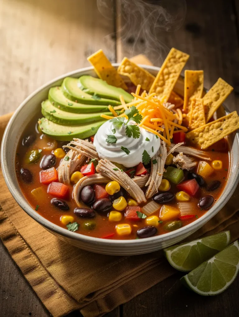 Hearty Southwest chicken soup served in a rustic bowl with shredded chicken, black beans, corn, diced bell peppers, avocado slices, sour cream, shredded cheddar cheese, tortilla strips, fresh cilantro, and lime wedges on a wooden table.