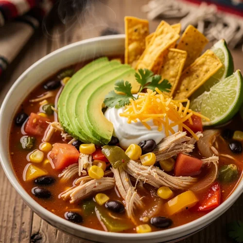 Steaming Southwest chicken soup topped with shredded chicken, black beans, corn, bell peppers, avocado slices, sour cream, cheddar cheese, crispy tortilla strips, cilantro, and lime wedges.