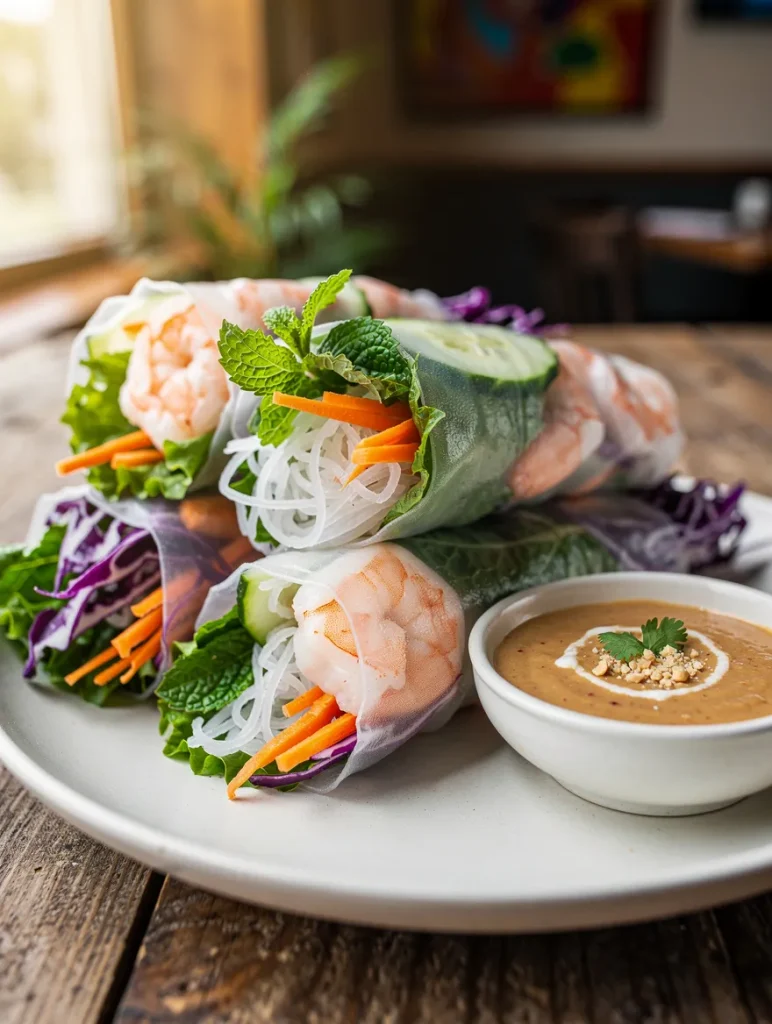 Fresh shrimp spring rolls filled with rice noodles, lettuce, cucumber, carrots, and purple cabbage, served with creamy peanut dipping sauce on a white plate.