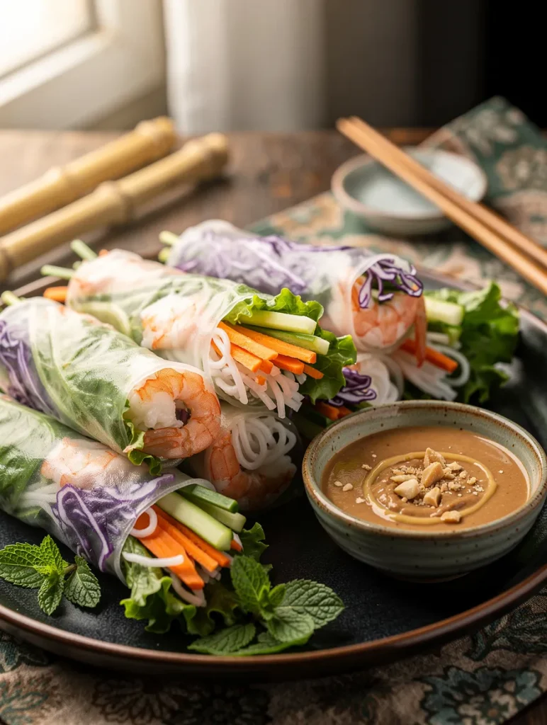 Fresh shrimp spring rolls stuffed with rice noodles, cucumber, carrots, purple cabbage, and lettuce, served with creamy peanut dipping sauce and fresh mint leaves.