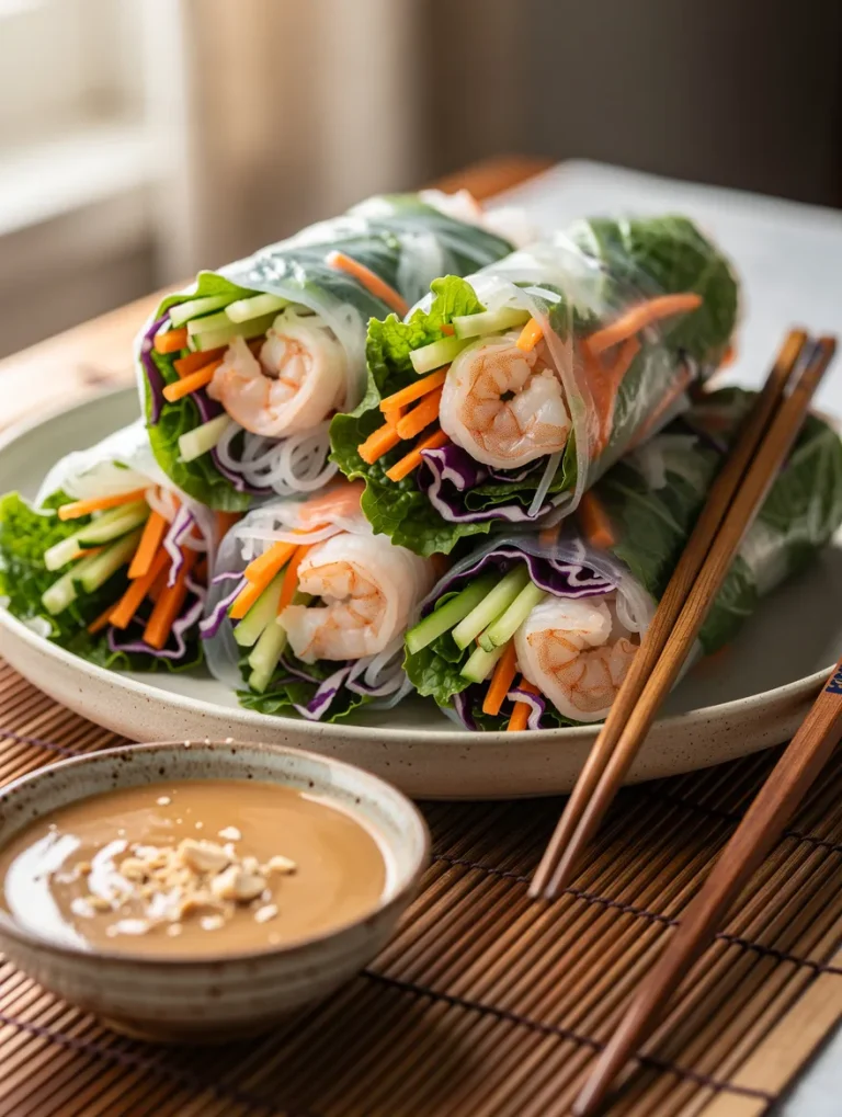 Fresh shrimp spring rolls filled with rice noodles, lettuce, cucumber, carrots, and purple cabbage, served with creamy peanut dipping sauce and chopsticks.