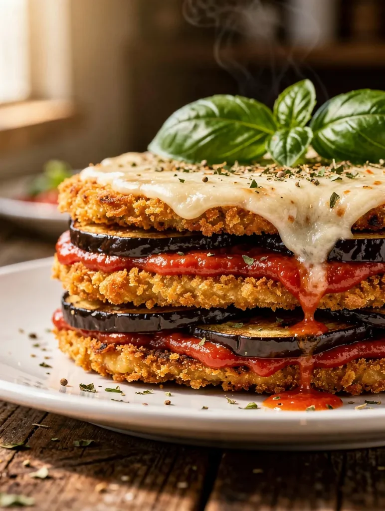 Close-up of vegan eggplant Parmesan layered with crispy breaded eggplant, marinara sauce, melted vegan cheese, and fresh basil.