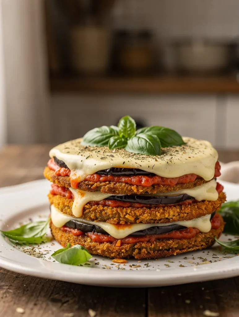 Vegan eggplant Parmesan layered with crispy breaded eggplant slices, marinara sauce, melted vegan cheese, and fresh basil on a white plate.