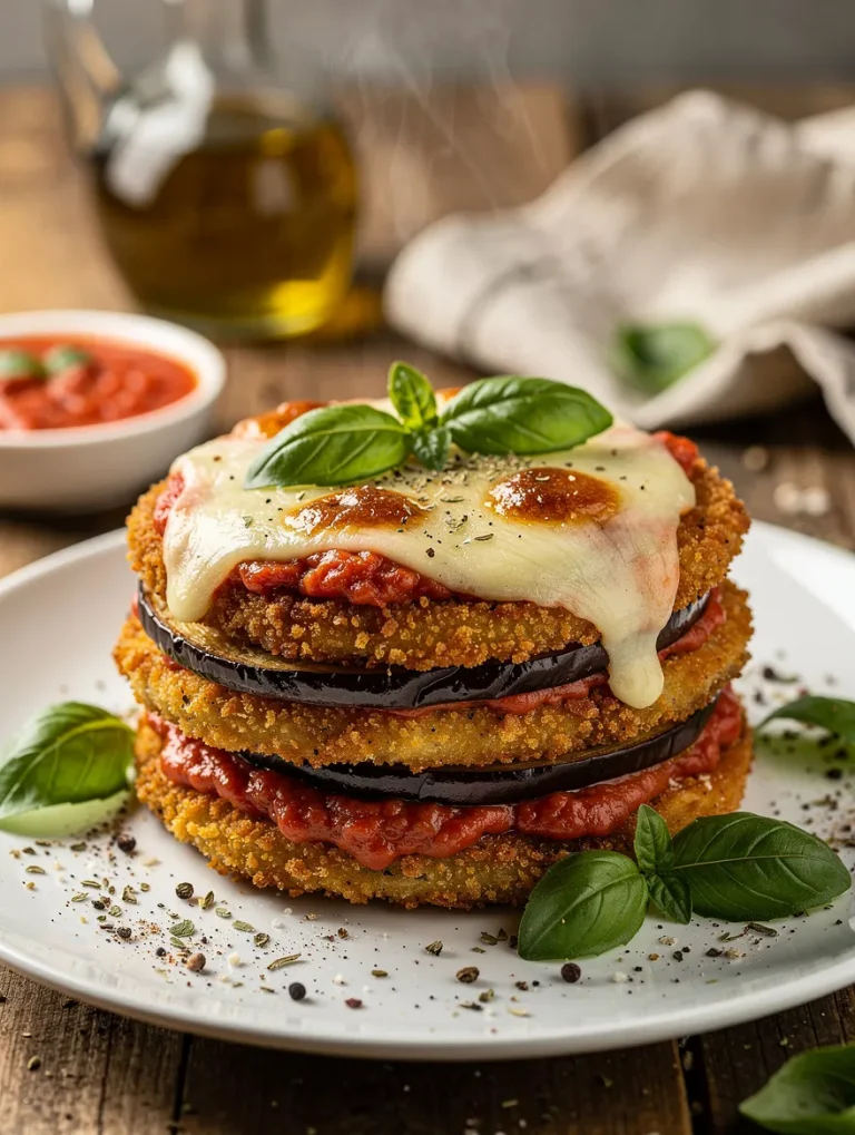 Vegan eggplant Parmesan stacked with crispy breaded eggplant slices, rich marinara sauce, melted vegan cheese, and fresh basil on a white plate.