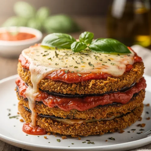 Vegan eggplant Parmesan recipe with crispy breaded eggplant layers, rich marinara sauce, melted vegan cheese, and fresh basil garnish.