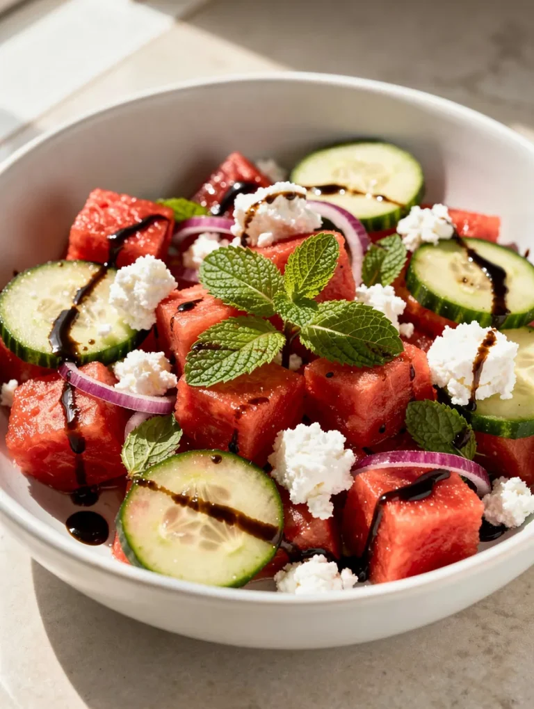 Watermelon cucumber feta salad with fresh mint, red onion, crumbled feta cheese, and balsamic glaze served in a white bowl.