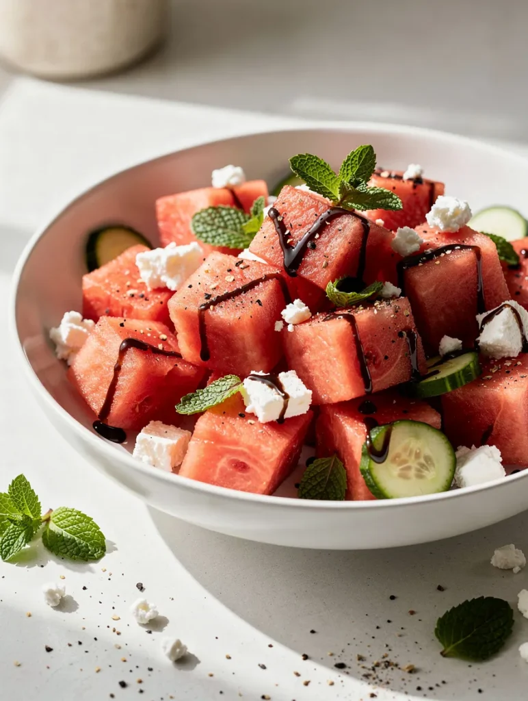 Fresh watermelon feta salad with cucumber slices, mint leaves, crumbled feta cheese, and balsamic glaze served in a white bowl.