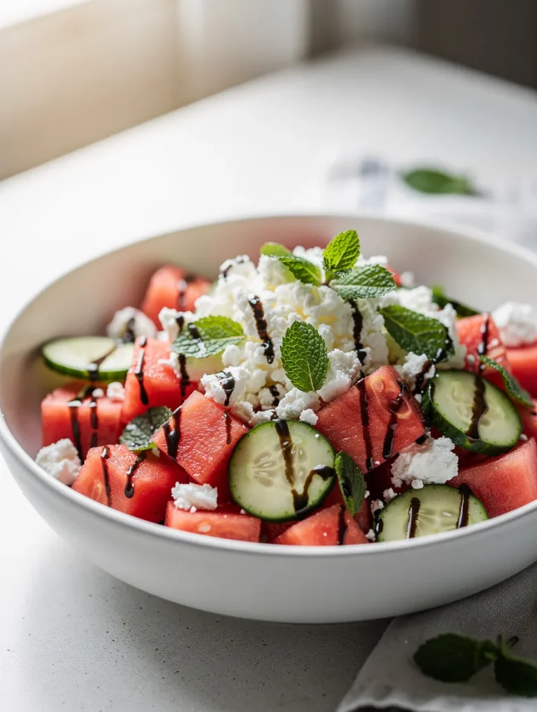 Watermelon feta salad with cucumber slices, fresh mint leaves, crumbled feta cheese, and balsamic glaze served in a white bowl.