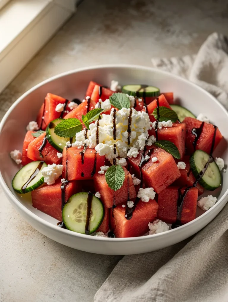 Watermelon feta salad with cucumber slices, crumbled feta cheese, fresh mint leaves, and balsamic glaze served in a white bowl.
