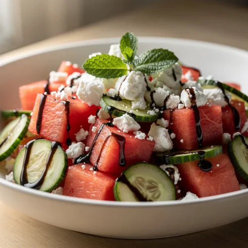 Watermelon feta salad with cucumber slices, crumbled feta cheese, fresh mint, and balsamic glaze served in a white bowl.