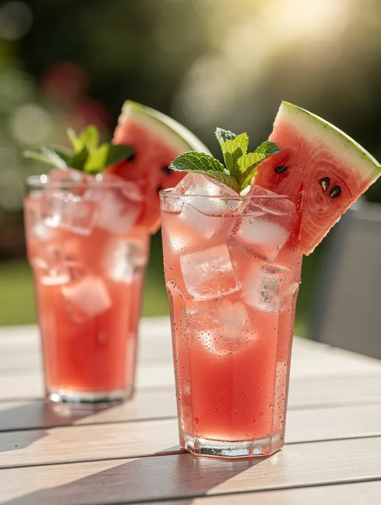 Refreshing watermelon juice served over ice with fresh mint and watermelon wedges in tall glasses.