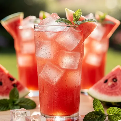 Homemade watermelon juice served over ice with fresh mint and watermelon slices in tall glasses.