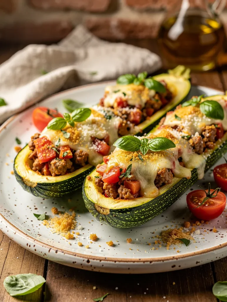 Cheesy stuffed zucchini boats filled with seasoned ground beef, tomatoes, and herbs, topped with melted cheese and fresh basil on a rustic plate.