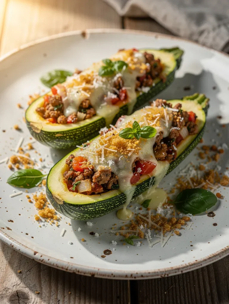 Cheesy stuffed zucchini boats filled with seasoned ground meat, diced vegetables, and melted mozzarella cheese, garnished with fresh basil and Parmesan.