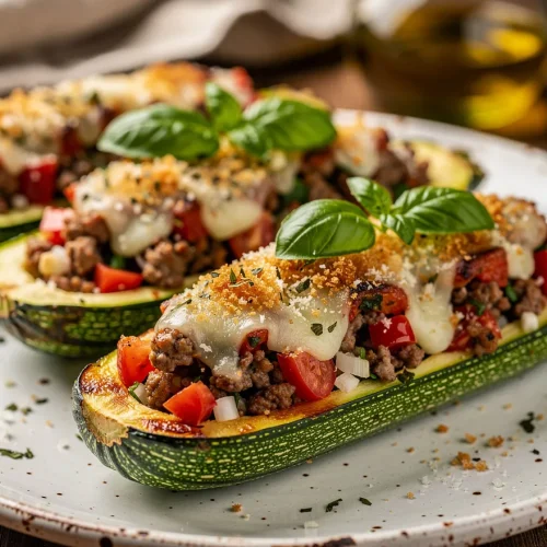 Close-up of cheesy stuffed zucchini boats filled with seasoned ground beef, tomatoes, onions, and herbs, topped with melted mozzarella and fresh basil leaves.