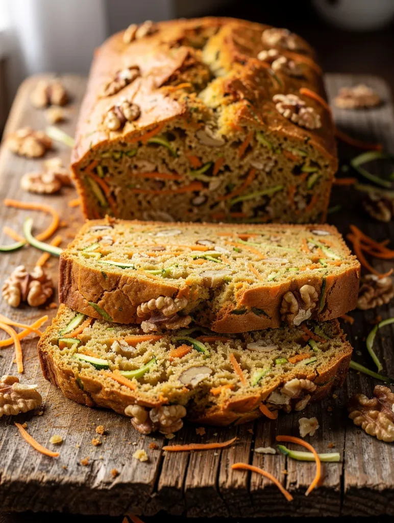 Slices of homemade zucchini carrot bread with walnuts, shredded zucchini, and carrots arranged on a rustic wooden table.