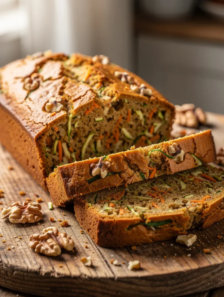 Freshly baked zucchini carrot bread with walnuts, shredded zucchini, and carrots sliced on a rustic wooden cutting board.