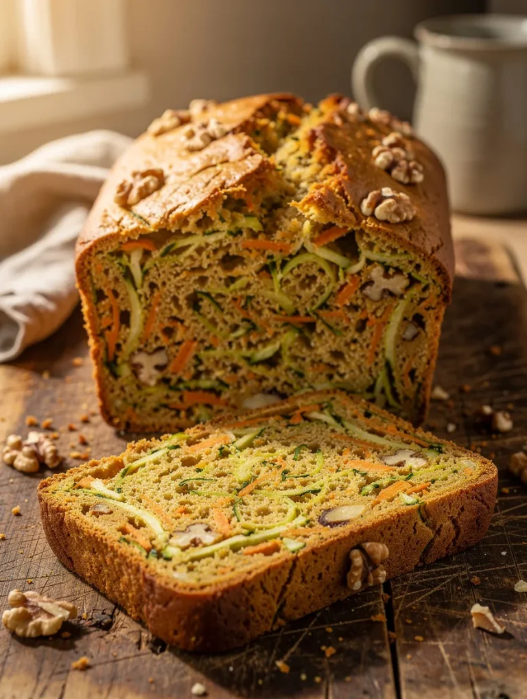 Homemade zucchini carrot bread with shredded zucchini, carrots, and walnuts sliced on a rustic wooden board.