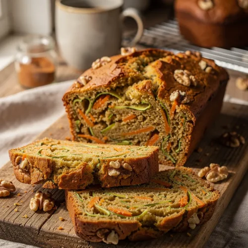Homemade zucchini carrot bread recipe with walnuts, shredded zucchini, and carrots sliced on a rustic wooden board beside a cup of coffee.