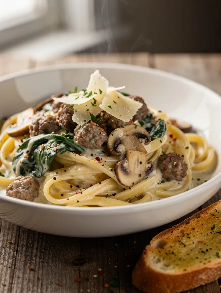 Creamy Alfredo sausage pasta with fettuccine, Italian sausage, mushrooms, spinach, shaved Parmesan, and garlic bread.