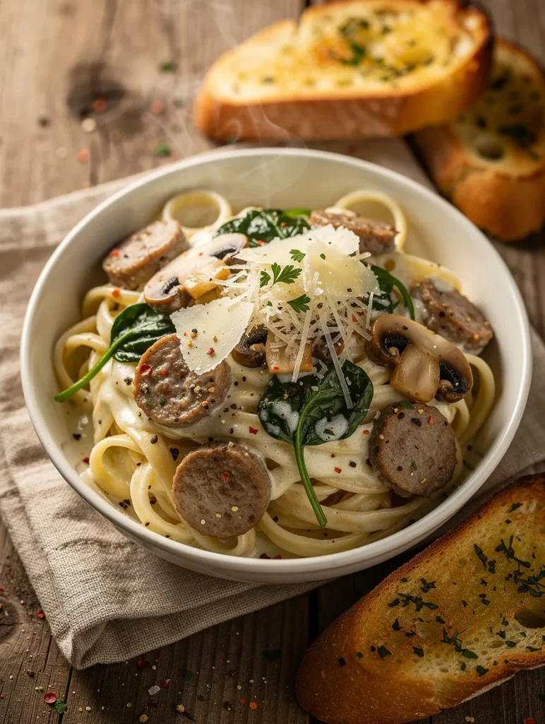 Creamy Alfredo sausage pasta with fettuccine, Italian sausage, mushrooms, spinach, Parmesan cheese, and toasted garlic bread.